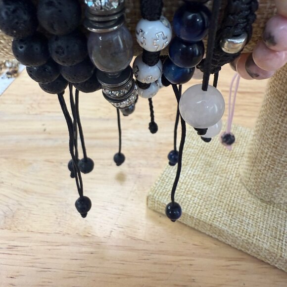 Stack Set Of 7 Beaded Adjustable Bracelets With Lava Rock Gemstone & Crystal Bea - Picture 2 of 8